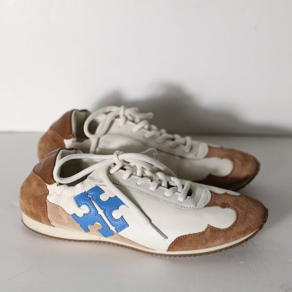 Tory Burch Leather Suede Logo Sneaker Womens 5.5 New Ivory Bellflower Blue